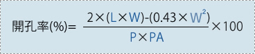 開孔率（％）＝[2×（縦の孔×横の孔）-（0.43×縦の孔の二乗）] / (ピッチ×ピッチ)×100