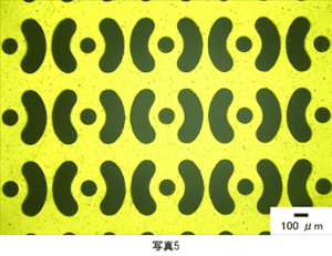 ポリイミドへの丸孔＋曲がり長孔微細加工 孔サイズ：曲がり長孔 500 μm、丸孔100 μm 厚さ：12.5 μm
